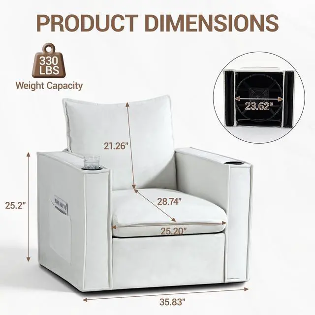 Alt view image 3 of 7 - VANBOW 32 Inches Wide Swivel Accent Chair with Cup Holders Set of 2, Comfy Couch with Side Pockets, Modern Sofa Chair for Living Room, Bedroom, Corner, White