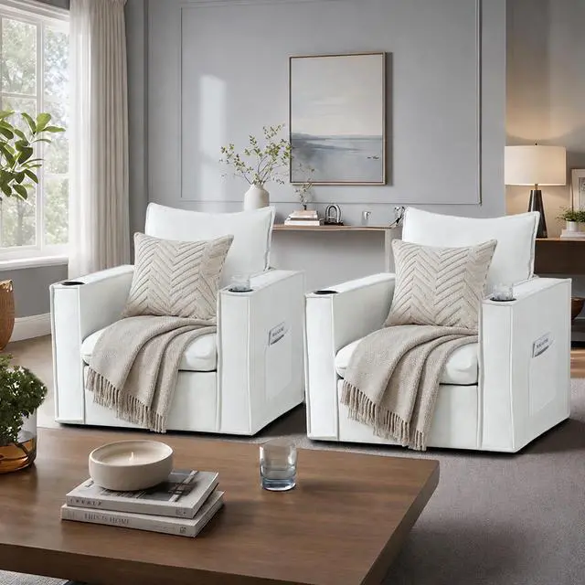 Alt view image 2 of 7 - VANBOW 32 Inches Wide Swivel Accent Chair with Cup Holders Set of 2, Comfy Couch with Side Pockets, Modern Sofa Chair for Living Room, Bedroom, Corner, White