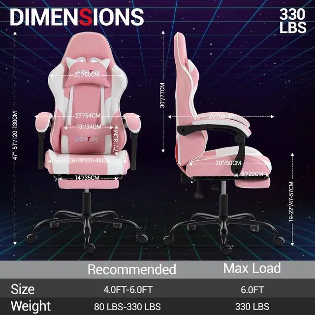 Alt view image 2 of 7 - Fantasylab Ergonomic Reclining Gaming Chair with Linkage Armrests & Footrest, Racing Office Chair, PU Leather Computer Desk Chair, Pink
