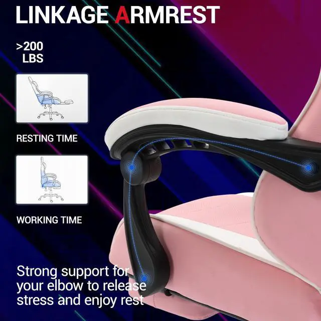 Alt view image 4 of 7 - Fantasylab Ergonomic Reclining Gaming Chair with Linkage Armrests & Footrest, Racing Office Chair, PU Leather Computer Desk Chair, Pink