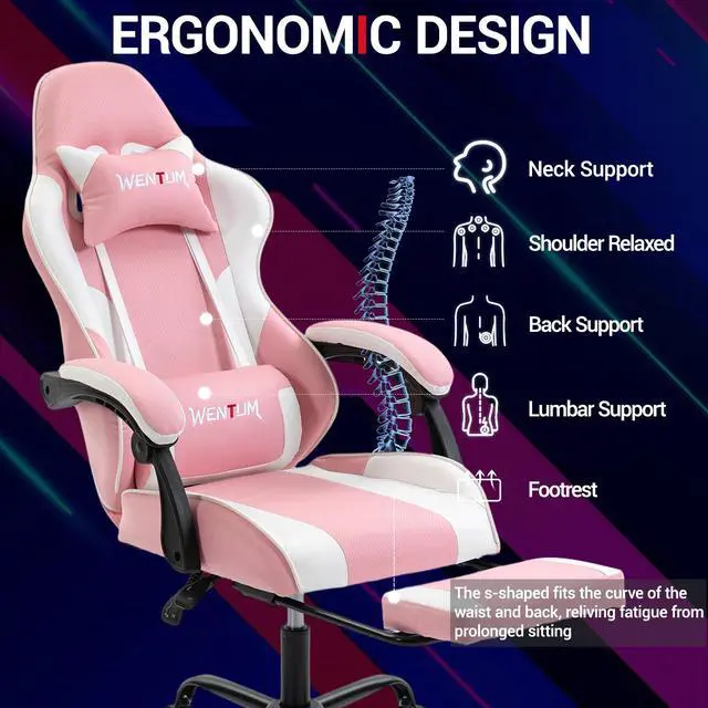 Alt view image 3 of 7 - Fantasylab Ergonomic Reclining Gaming Chair with Linkage Armrests & Footrest, Racing Office Chair, PU Leather Computer Desk Chair, Pink