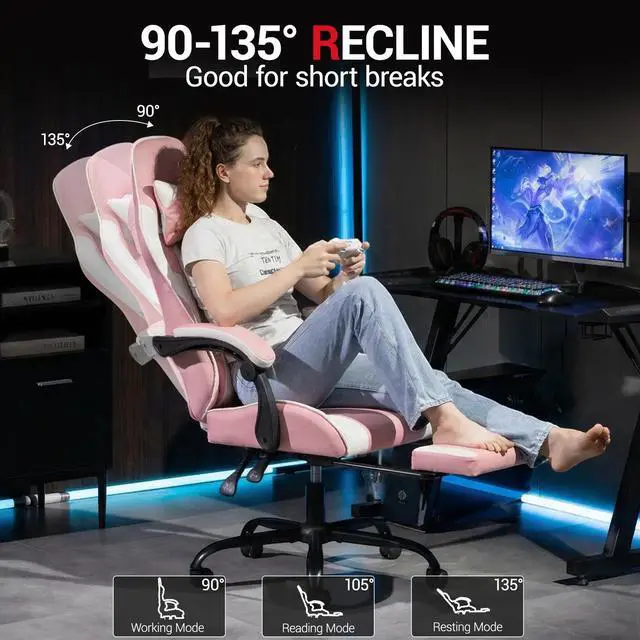 Alt view image 5 of 7 - Fantasylab Ergonomic Reclining Gaming Chair with Linkage Armrests & Footrest, Racing Office Chair, PU Leather Computer Desk Chair, Pink