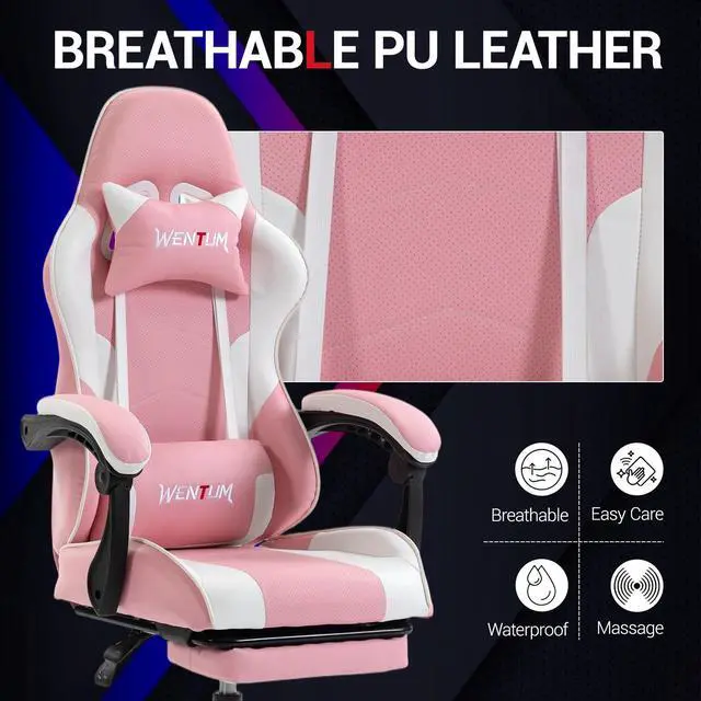 Alt view image 7 of 7 - Fantasylab Ergonomic Reclining Gaming Chair with Linkage Armrests & Footrest, Racing Office Chair, PU Leather Computer Desk Chair, Pink