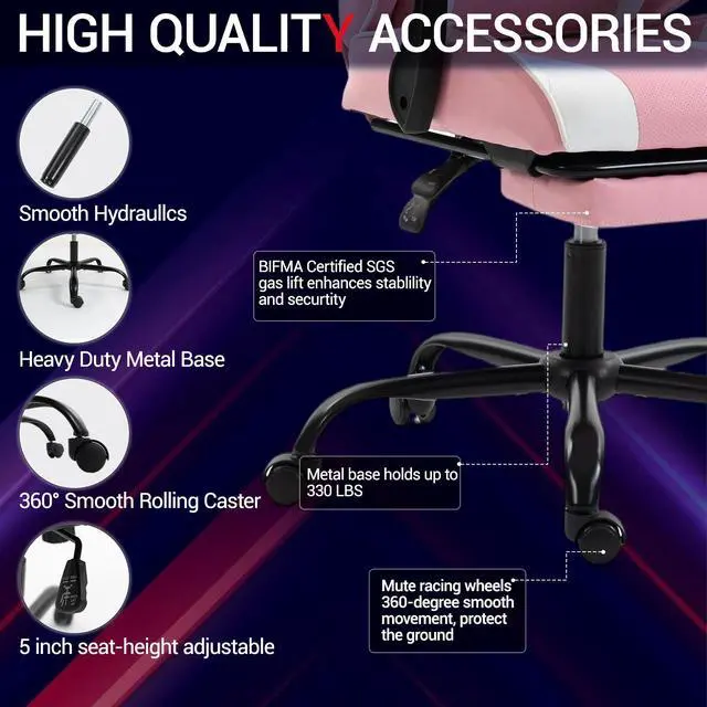 Alt view image 6 of 7 - Fantasylab Ergonomic Reclining Gaming Chair with Linkage Armrests & Footrest, Racing Office Chair, PU Leather Computer Desk Chair, Pink