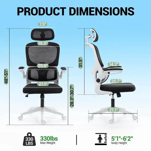Alt view image 2 of 7 - VANBOW Mesh Desk Chair with Coat Hook, Ergonomic Office Chair with Flip-up Arms, Headrest and Lumbar Support, 330 lbs, White