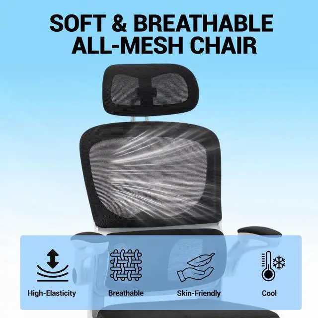 Alt view image 3 of 7 - VANBOW Mesh Desk Chair with Coat Hook, Ergonomic Office Chair with Flip-up Arms, Headrest and Lumbar Support, 330 lbs, White