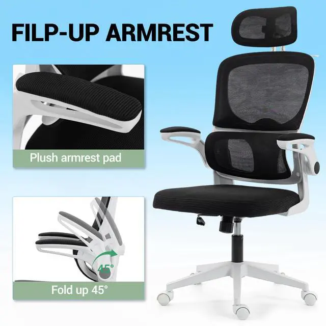 Alt view image 5 of 7 - VANBOW Mesh Desk Chair with Coat Hook, Ergonomic Office Chair with Flip-up Arms, Headrest and Lumbar Support, 330 lbs, White
