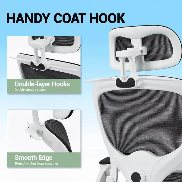 Alt view image 4 of 7 - VANBOW Mesh Desk Chair with Coat Hook, Ergonomic Office Chair with Flip-up Arms, Headrest and Lumbar Support, 330 lbs, White
