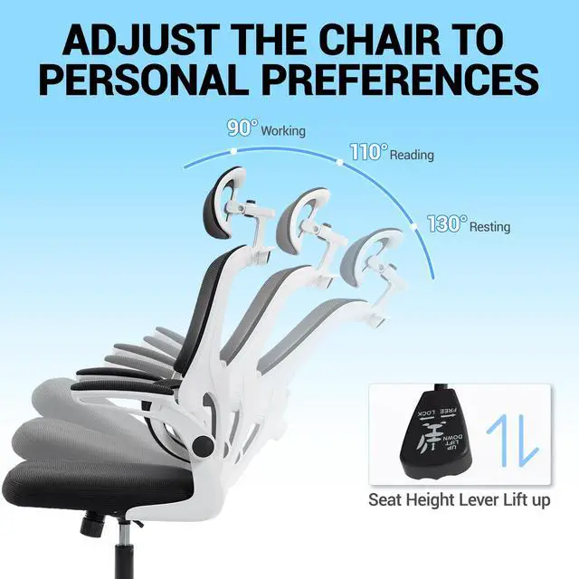 Alt view image 6 of 7 - VANBOW Mesh Desk Chair with Coat Hook, Ergonomic Office Chair with Flip-up Arms, Headrest and Lumbar Support, 330 lbs, White