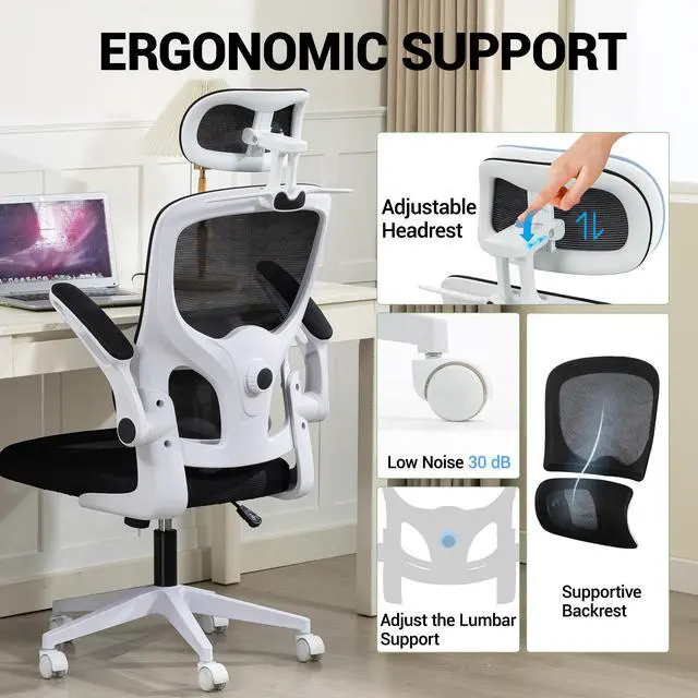 Alt view image 7 of 7 - VANBOW Mesh Desk Chair with Coat Hook, Ergonomic Office Chair with Flip-up Arms, Headrest and Lumbar Support, 330 lbs, White