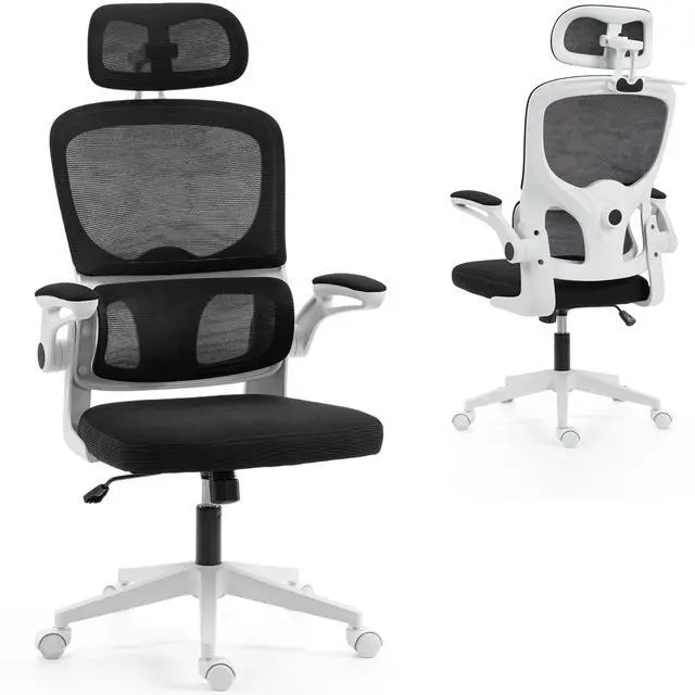 Main image of VANBOW Mesh Desk Chair with Coat Hook, Ergonomic Office Chair with Flip-up Arms, Headrest and Lumbar Support, 330 lbs, White