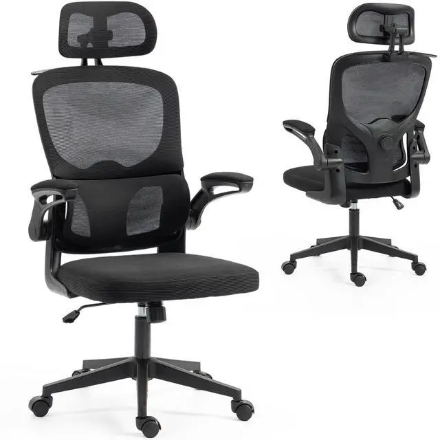 Main image of VANBOW Mesh Desk Chair with Coat Hook, Ergonomic Office Chair with Flip-up Arms, Headrest and Lumbar Support, 330 lbs, Black