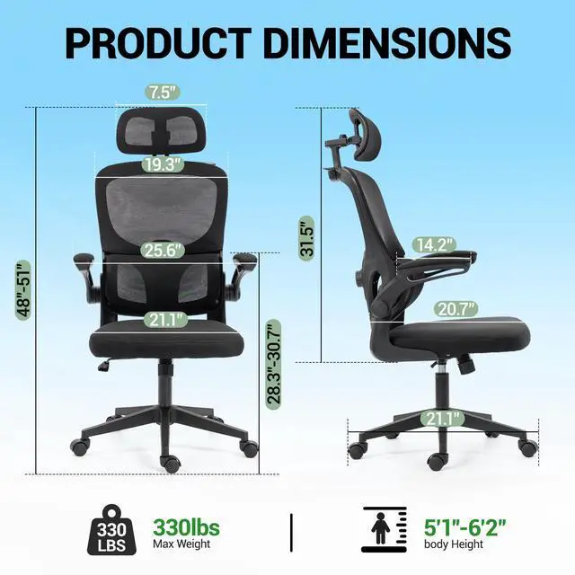 Alt view image 2 of 7 - VANBOW Mesh Desk Chair with Coat Hook, Ergonomic Office Chair with Flip-up Arms, Headrest and Lumbar Support, 330 lbs, Black
