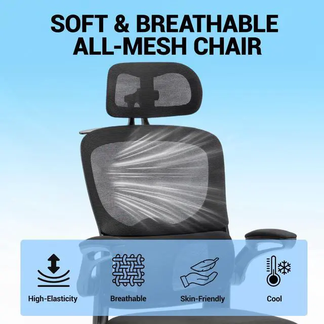 Alt view image 3 of 7 - VANBOW Mesh Desk Chair with Coat Hook, Ergonomic Office Chair with Flip-up Arms, Headrest and Lumbar Support, 330 lbs, Black
