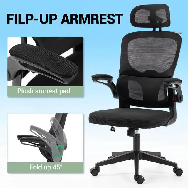 Alt view image 5 of 7 - VANBOW Mesh Desk Chair with Coat Hook, Ergonomic Office Chair with Flip-up Arms, Headrest and Lumbar Support, 330 lbs, Black