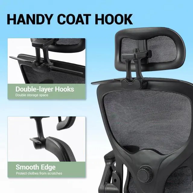 Alt view image 4 of 7 - VANBOW Mesh Desk Chair with Coat Hook, Ergonomic Office Chair with Flip-up Arms, Headrest and Lumbar Support, 330 lbs, Black