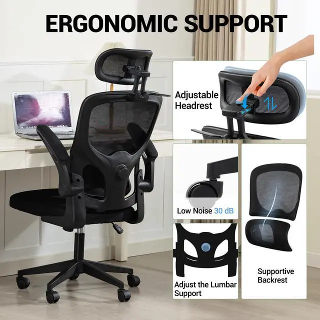 Alt view image 7 of 7 - VANBOW Mesh Desk Chair with Coat Hook, Ergonomic Office Chair with Flip-up Arms, Headrest and Lumbar Support, 330 lbs, Black