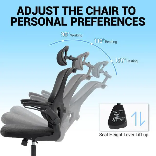 Alt view image 6 of 7 - VANBOW Mesh Desk Chair with Coat Hook, Ergonomic Office Chair with Flip-up Arms, Headrest and Lumbar Support, 330 lbs, Black