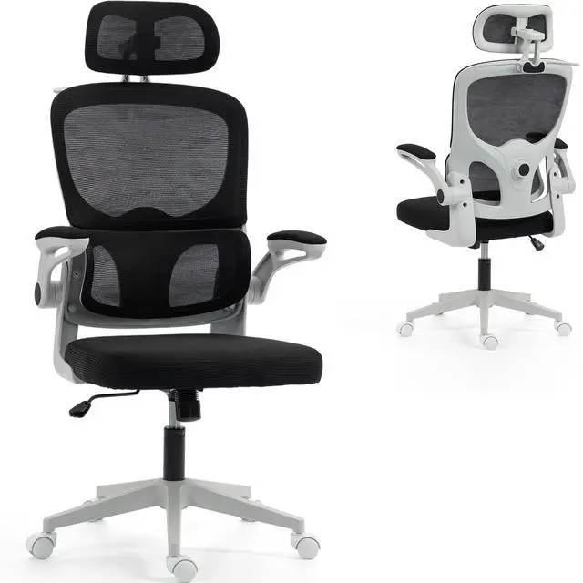 Main image of VANBOW Mesh Desk Chair with Coat Hook, Ergonomic Office Chair with Flip-up Arms, Headrest and Lumbar Support, 330 lbs, Grey