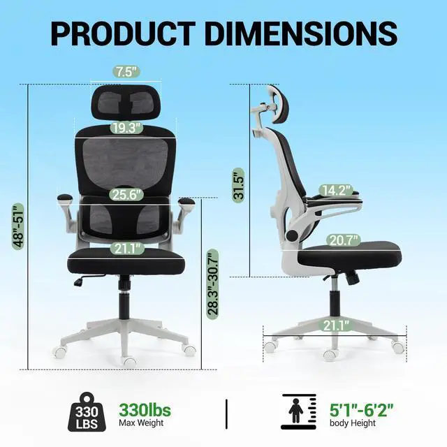 Alt view image 2 of 7 - VANBOW Mesh Desk Chair with Coat Hook, Ergonomic Office Chair with Flip-up Arms, Headrest and Lumbar Support, 330 lbs, Grey