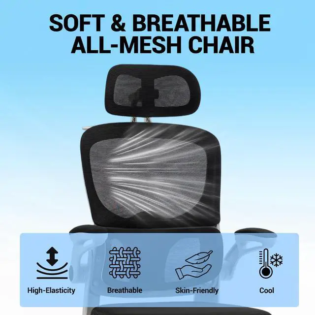 Alt view image 3 of 7 - VANBOW Mesh Desk Chair with Coat Hook, Ergonomic Office Chair with Flip-up Arms, Headrest and Lumbar Support, 330 lbs, Grey