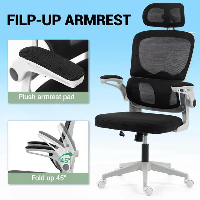 Alt view image 5 of 7 - VANBOW Mesh Desk Chair with Coat Hook, Ergonomic Office Chair with Flip-up Arms, Headrest and Lumbar Support, 330 lbs, Grey