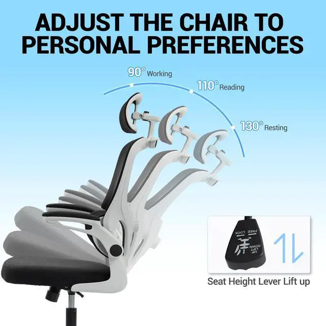 Alt view image 6 of 7 - VANBOW Mesh Desk Chair with Coat Hook, Ergonomic Office Chair with Flip-up Arms, Headrest and Lumbar Support, 330 lbs, Grey