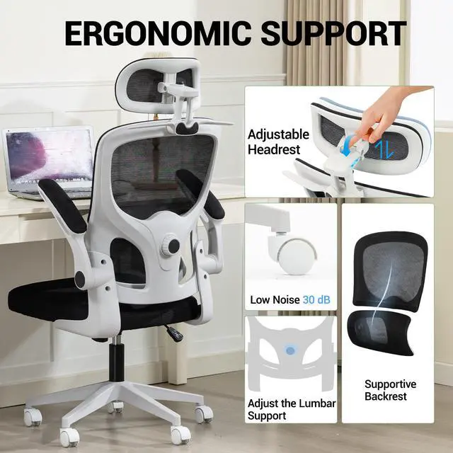Alt view image 7 of 7 - VANBOW Mesh Desk Chair with Coat Hook, Ergonomic Office Chair with Flip-up Arms, Headrest and Lumbar Support, 330 lbs, Grey