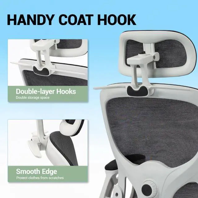 Alt view image 4 of 7 - VANBOW Mesh Desk Chair with Coat Hook, Ergonomic Office Chair with Flip-up Arms, Headrest and Lumbar Support, 330 lbs, Grey