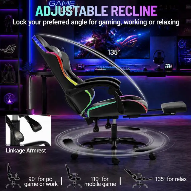 Alt view image 5 of 7 - LED Gaming Chair with Massage Lumbar Pillow, RGB Computer Gaming Chair with Footrest , Reclining Gamer Chair Ergonomic Video Game Chairs for Home Office Game Room
