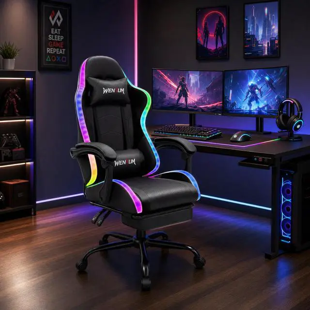 Alt view image 2 of 7 - LED Gaming Chair with Massage Lumbar Pillow, RGB Computer Gaming Chair with Footrest , Reclining Gamer Chair Ergonomic Video Game Chairs for Home Office Game Room