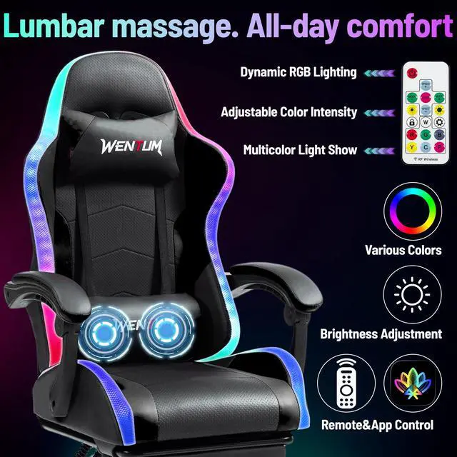 Alt view image 4 of 7 - LED Gaming Chair with Massage Lumbar Pillow, RGB Computer Gaming Chair with Footrest , Reclining Gamer Chair Ergonomic Video Game Chairs for Home Office Game Room