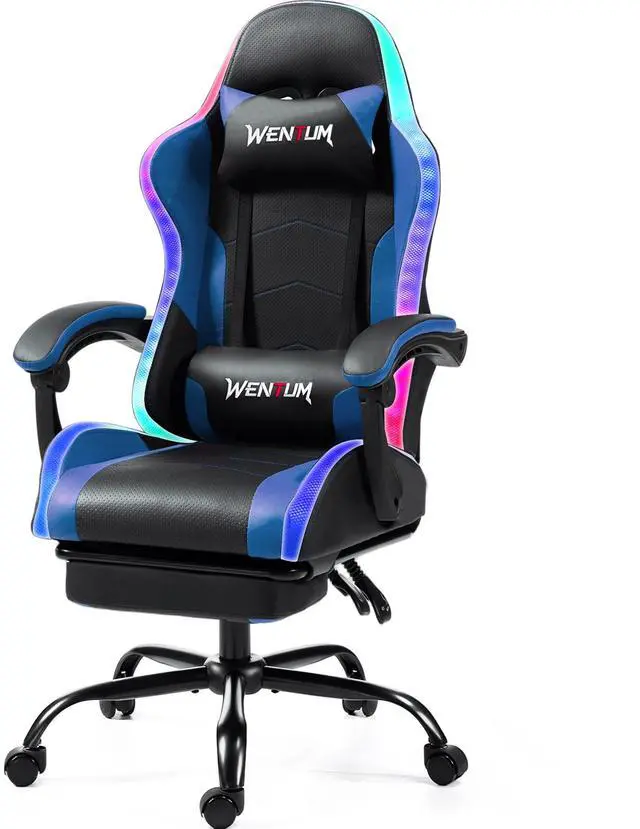 Main image of LED Gaming Chair with Massage Lumbar Pillow, RGB Computer Gaming Chair with Footrest , Reclining Gamer Chair Ergonomic Video Game Chairs for Home Office Game Room Blue