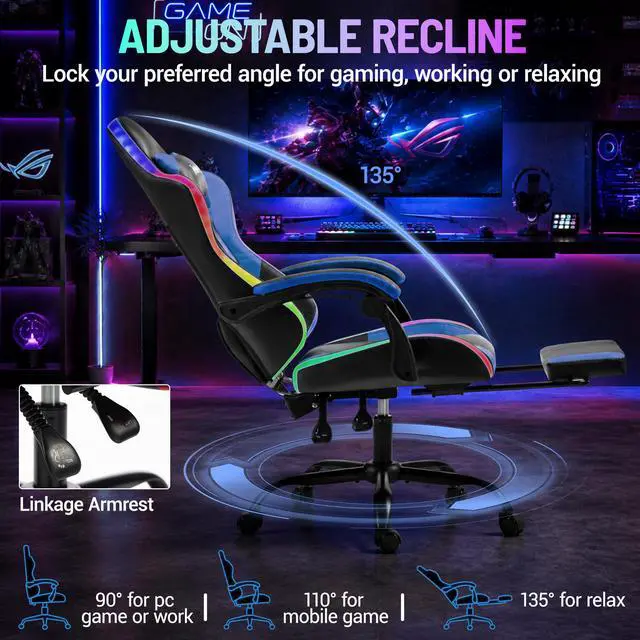 Alt view image 3 of 6 - LED Gaming Chair with Massage Lumbar Pillow, RGB Computer Gaming Chair with Footrest , Reclining Gamer Chair Ergonomic Video Game Chairs for Home Office Game Room Blue