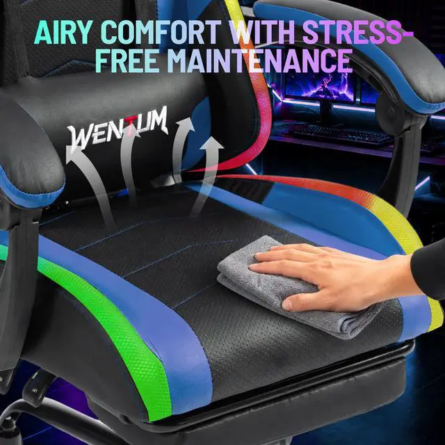 Alt view image 5 of 6 - LED Gaming Chair with Massage Lumbar Pillow, RGB Computer Gaming Chair with Footrest , Reclining Gamer Chair Ergonomic Video Game Chairs for Home Office Game Room Blue