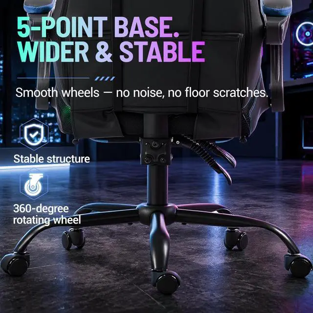 Alt view image 4 of 6 - LED Gaming Chair with Massage Lumbar Pillow, RGB Computer Gaming Chair with Footrest , Reclining Gamer Chair Ergonomic Video Game Chairs for Home Office Game Room Blue