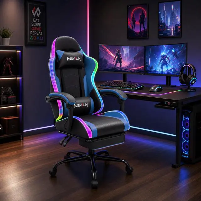 Alt view image 2 of 6 - LED Gaming Chair with Massage Lumbar Pillow, RGB Computer Gaming Chair with Footrest , Reclining Gamer Chair Ergonomic Video Game Chairs for Home Office Game Room Blue