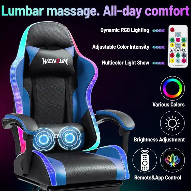 Alt view image 6 of 6 - LED Gaming Chair with Massage Lumbar Pillow, RGB Computer Gaming Chair with Footrest , Reclining Gamer Chair Ergonomic Video Game Chairs for Home Office Game Room Blue