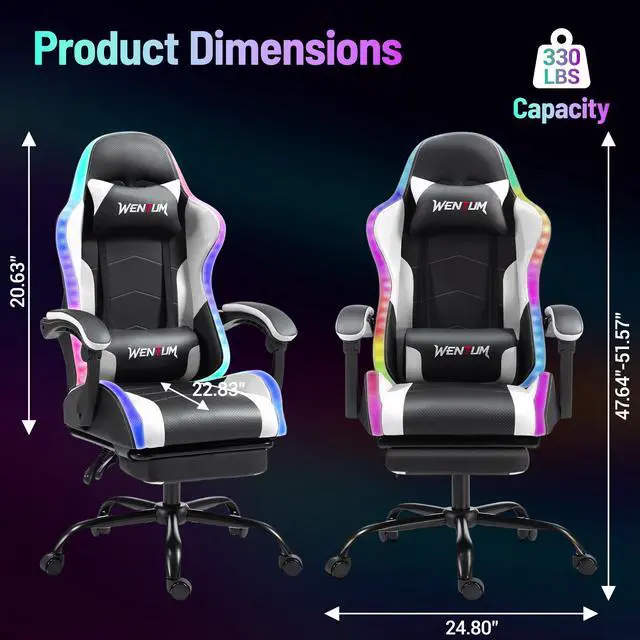 Alt view image 3 of 7 - LED Gaming Chair with Massage Lumbar Pillow, RGB Computer Gaming Chair with Footrest , Reclining Gamer Chair Ergonomic Video Game Chairs for Home Office Game Room White