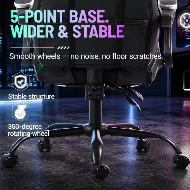 Alt view image 6 of 7 - LED Gaming Chair with Massage Lumbar Pillow, RGB Computer Gaming Chair with Footrest , Reclining Gamer Chair Ergonomic Video Game Chairs for Home Office Game Room White