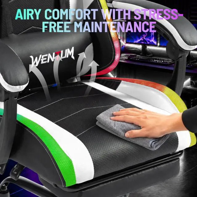 Alt view image 7 of 7 - LED Gaming Chair with Massage Lumbar Pillow, RGB Computer Gaming Chair with Footrest , Reclining Gamer Chair Ergonomic Video Game Chairs for Home Office Game Room White