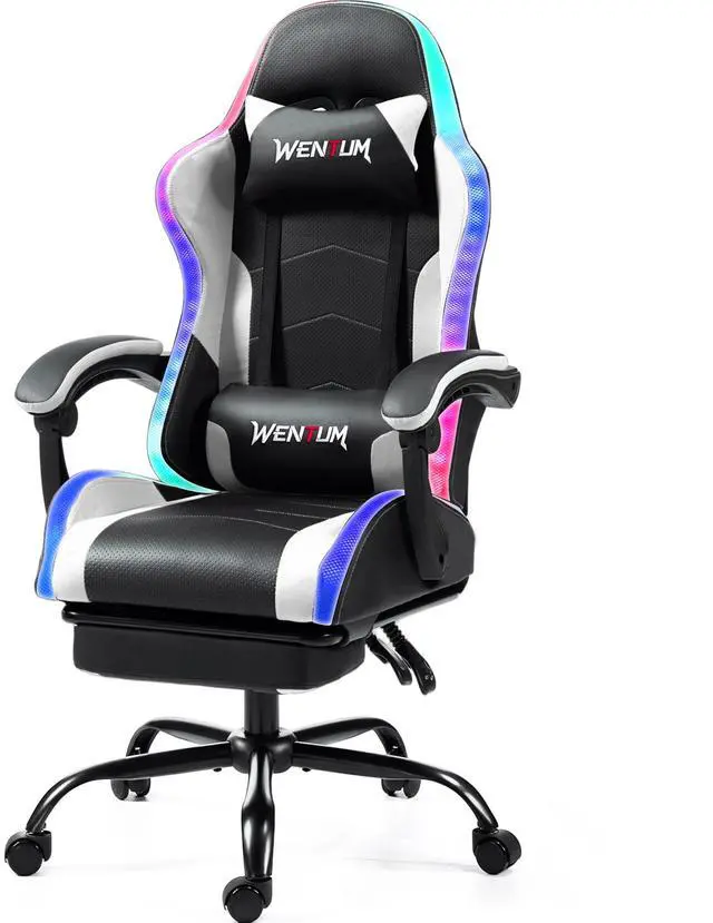 Main image of LED Gaming Chair with Massage Lumbar Pillow, RGB Computer Gaming Chair with Footrest , Reclining Gamer Chair Ergonomic Video Game Chairs for Home Office Game Room White