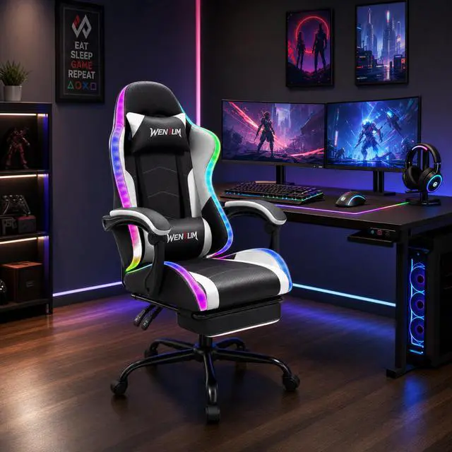Alt view image 2 of 7 - LED Gaming Chair with Massage Lumbar Pillow, RGB Computer Gaming Chair with Footrest , Reclining Gamer Chair Ergonomic Video Game Chairs for Home Office Game Room White