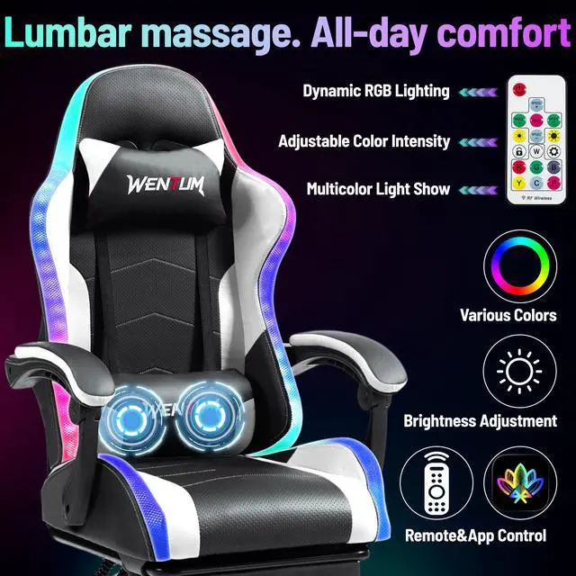 Alt view image 4 of 7 - LED Gaming Chair with Massage Lumbar Pillow, RGB Computer Gaming Chair with Footrest , Reclining Gamer Chair Ergonomic Video Game Chairs for Home Office Game Room White
