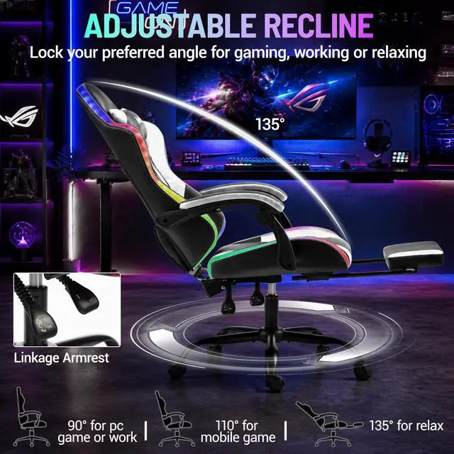 Alt view image 5 of 7 - LED Gaming Chair with Massage Lumbar Pillow, RGB Computer Gaming Chair with Footrest , Reclining Gamer Chair Ergonomic Video Game Chairs for Home Office Game Room White