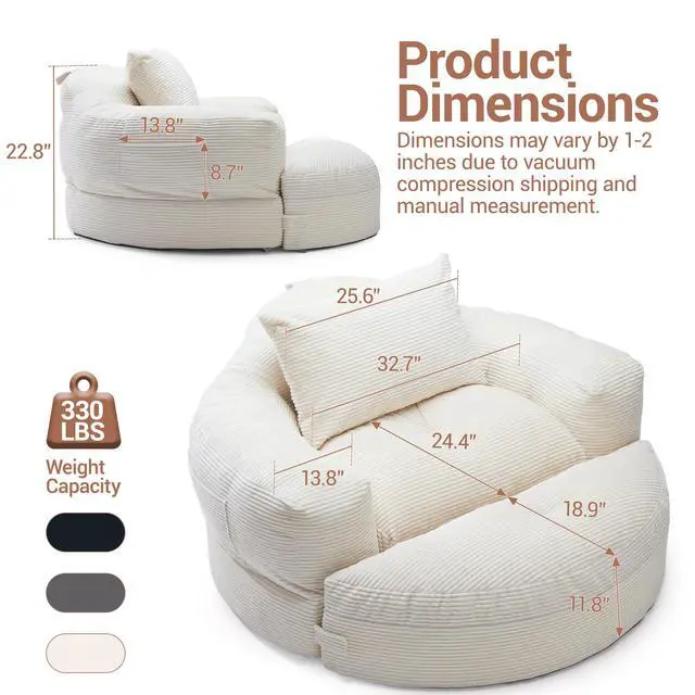 Alt view image 3 of 7 - Oversized Round Chaise Lounge Chair with Ottoman, Corduroy Boneless Deep Seat Sofa for Living Room & Bedroom