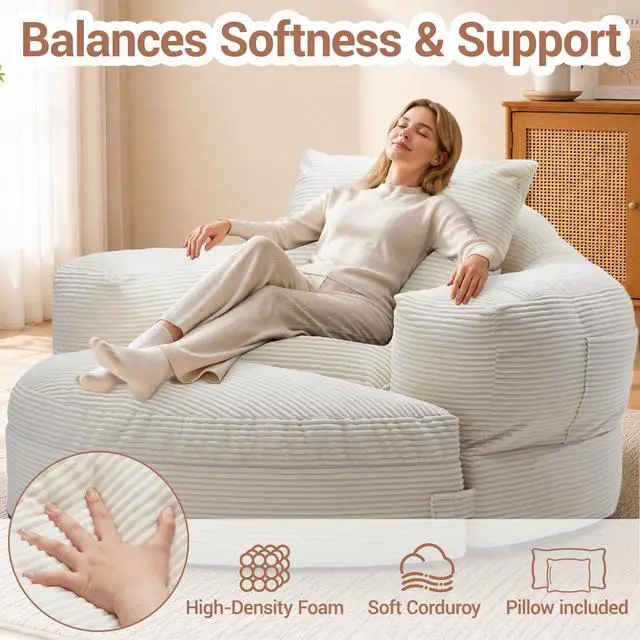 Alt view image 4 of 7 - Oversized Round Chaise Lounge Chair with Ottoman, Corduroy Boneless Deep Seat Sofa for Living Room & Bedroom