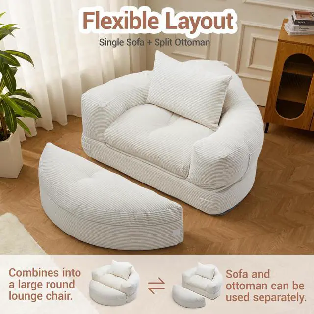 Alt view image 5 of 7 - Oversized Round Chaise Lounge Chair with Ottoman, Corduroy Boneless Deep Seat Sofa for Living Room & Bedroom
