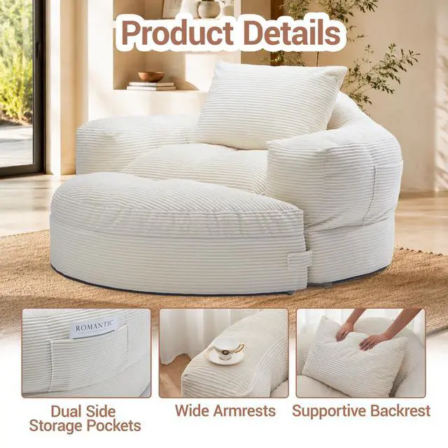 Alt view image 6 of 7 - Oversized Round Chaise Lounge Chair with Ottoman, Corduroy Boneless Deep Seat Sofa for Living Room & Bedroom