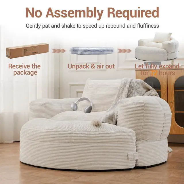 Alt view image 7 of 7 - Oversized Round Chaise Lounge Chair with Ottoman, Corduroy Boneless Deep Seat Sofa for Living Room & Bedroom
